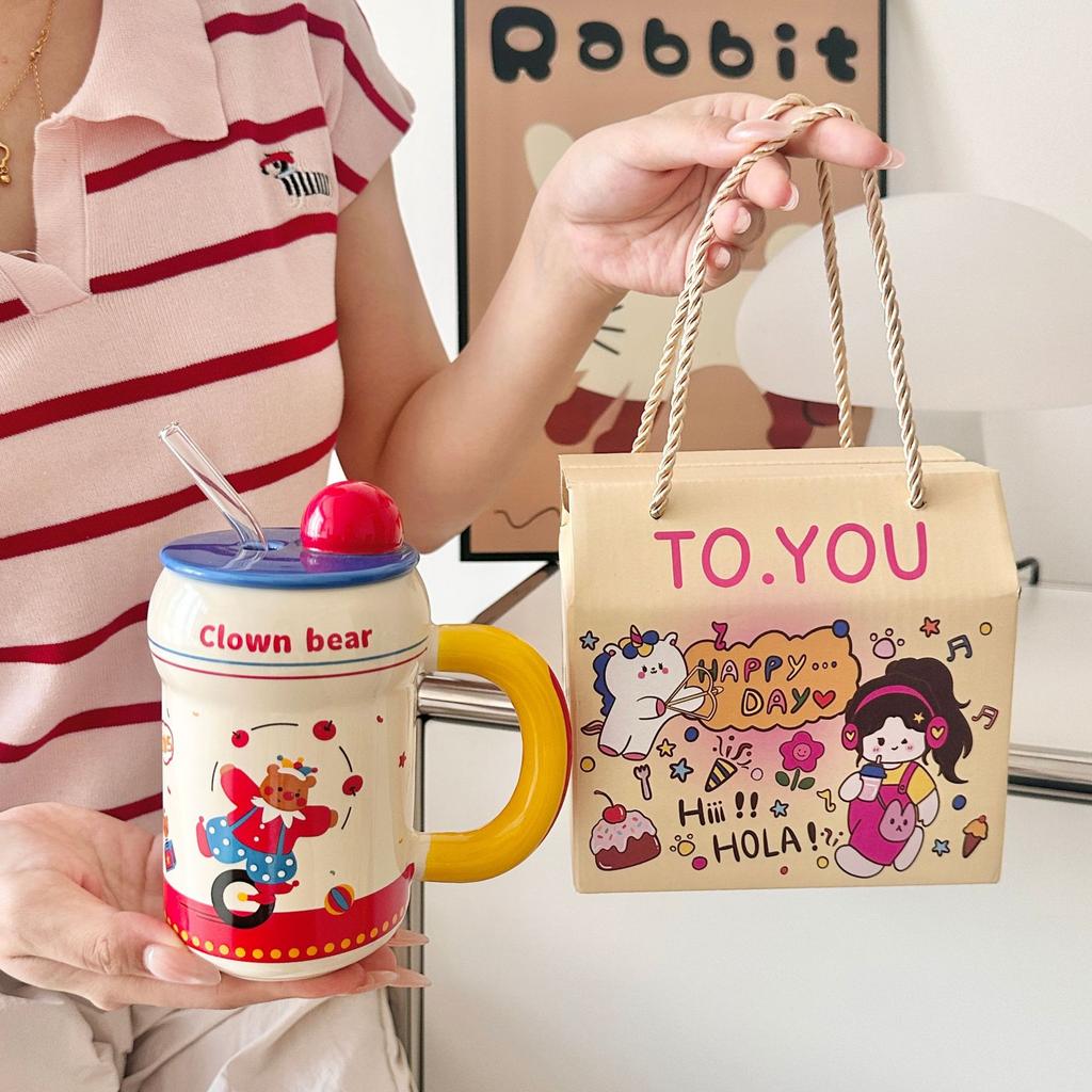 Cute Ceramic Mug with Lid Straw Cup Couple Home Cup Practical Birthday Gift for Girls