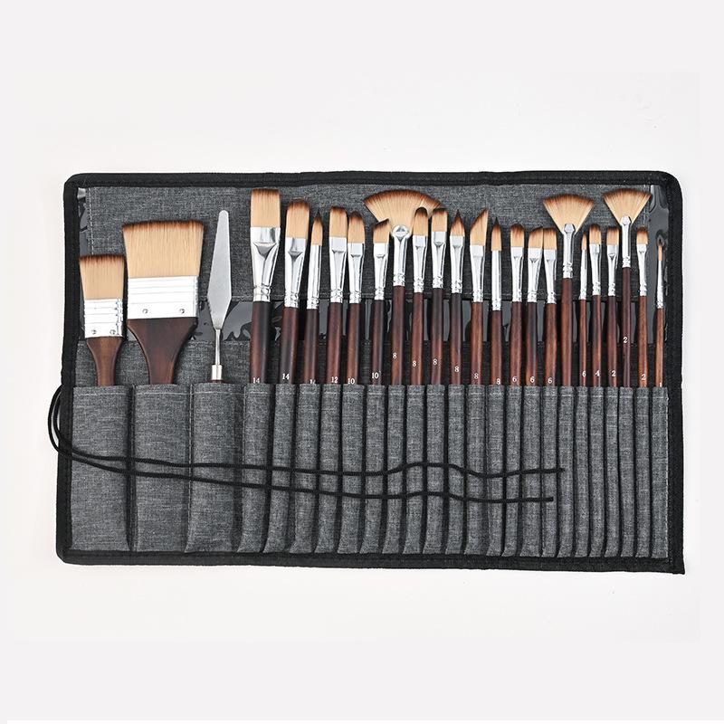 24-Piece Canvas Bag Oil Painting Brush Set with Nylon Silver-Gray Handles for Gouache and Watercolor