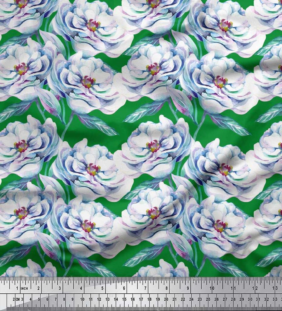 Soimoi Green Japan Crepe Satin Fabric Leaves & Blooming Camellias Floral Print Sewing Fabric Metre 42 Inch