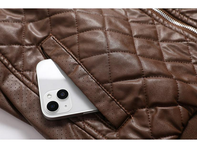 Men's Black Stand Collar Leather Jacket with Zipper Welt Pockets and Straight Hem for Autumn/Winter Casual Wear