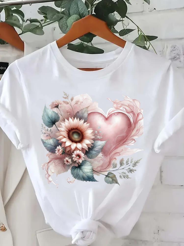 (Asian Size) Sweet Flower Cute Tee Clothing Lady Female Top Printed Women Casual T Shirt Fashion Graphic Short Sleeve T-shirts