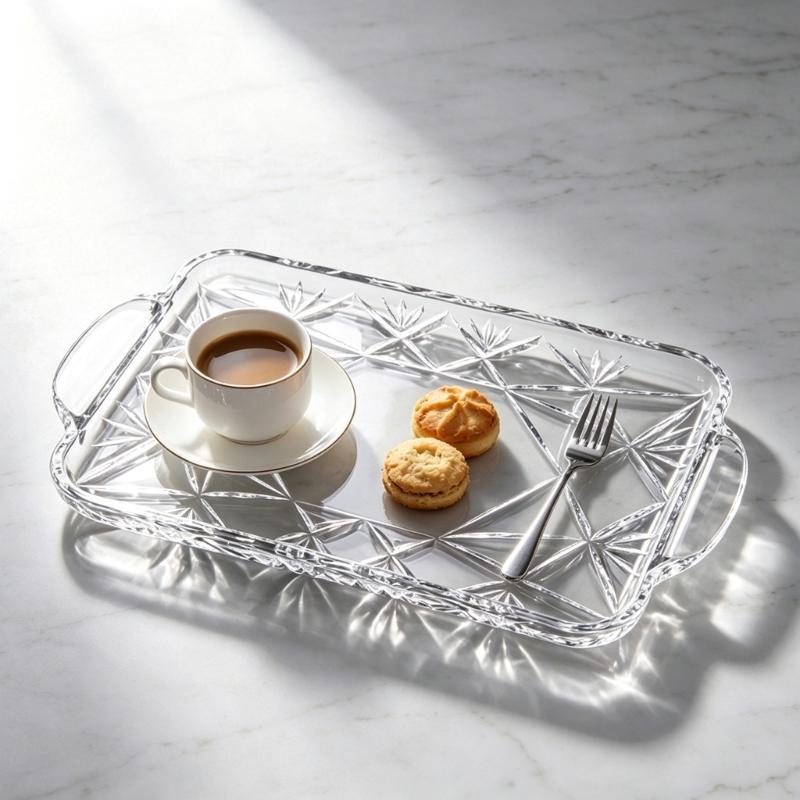 Rectangular Crystal Serving Tray Platter Decorative Tray with a Clear Body, Faceted Pattern and Raised Border for Arranging and Presenting Household
