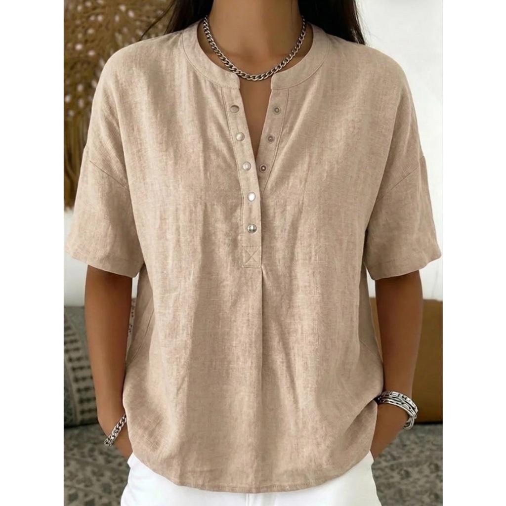 Women's Linen Blend Henley Neck Short Sleeve Casual Shirt