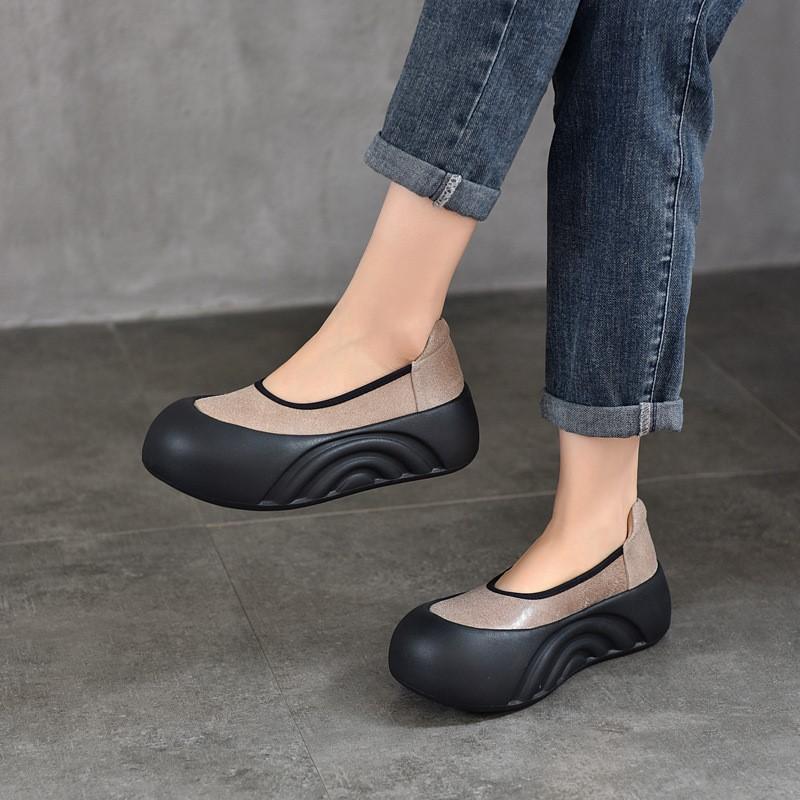 Johnature Retro-Schuhe aus echtem Leder, flache Plateauschuhe, runde Zehenpartie, dicke Sohle, lässige Damen-Schlupfschuhe