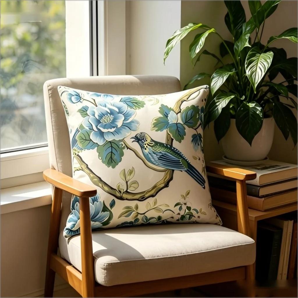 1Pc Vintage Floral Bird Cushion Cover Cream Blue Green Print Pillowcase For Living Room Sofa Chair Decorative Throw Case