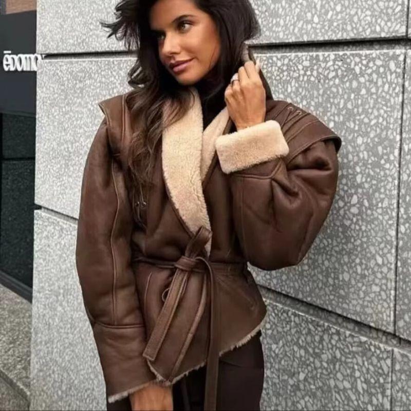 Winter New Women clothes European and American Blogger Retro Ins Style Suede Lamb Wool Jacket Lace-up Short coat