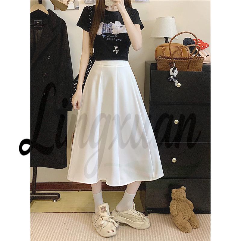 High-Waist Midi Pleated Umbrella Skirt - Plus Size, Korean Spring/Summer Style One Size Plus белый