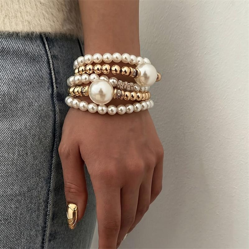 6Pcs Cute Bowknot Heart Bracelet Set For Women Pink Acrylic Beads Imitation Pearl Elastic Bangles Girl Party Daily Sweet Jewelry