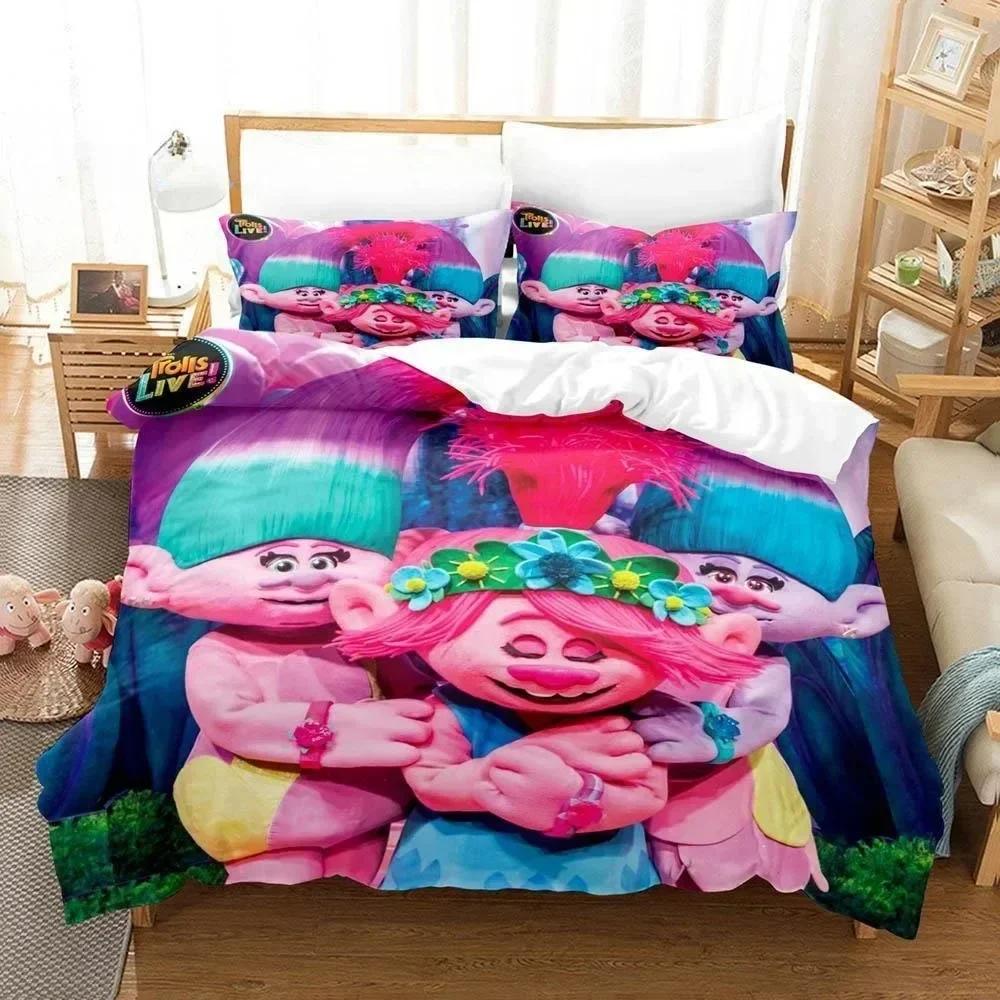 

Комплект мультяшного постельного белья с 3D-принтом Тролли Комплект постельного белья с наволочкой Покрывало для кровати Мягкое Королевский размер Домашний текстиль 70x133cm 2pcs
