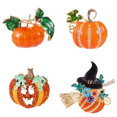 Halloween Rhinestone Pumpkin Brooches For Women Men Witch Hat Broom Funny Pumpkin Enamel Lapel Pins Fashion Jewelry Accessories