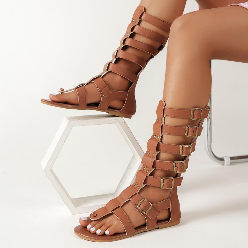 New Roman Sandals Women Summer Outside Round Toe Open Toe Cutout Metal Belt Buckle Back Zipper Tall Boots