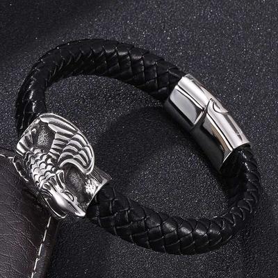 Punk Stainless Steel Eagle Bracelet Men Bangles Black Leather Rope Wristband Male Jewelry Gifts