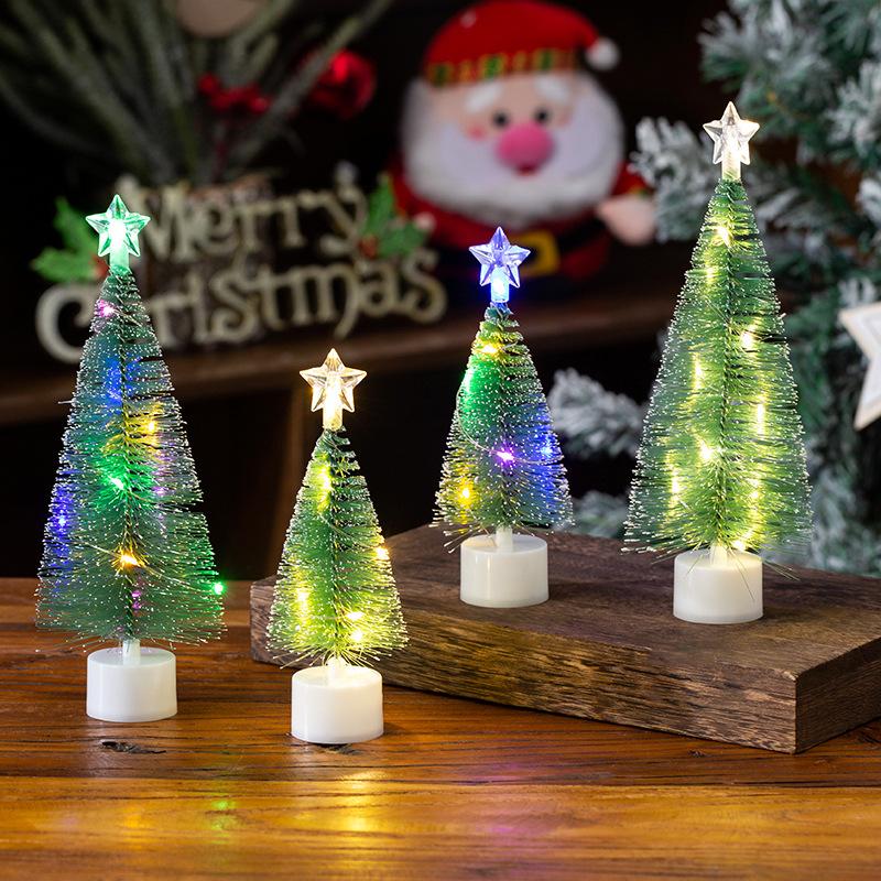 Simulated Mini Christmas Tree with White Pine Needles Christmas Decorations Seven-color Luminous Night Lights Desktop Ornaments