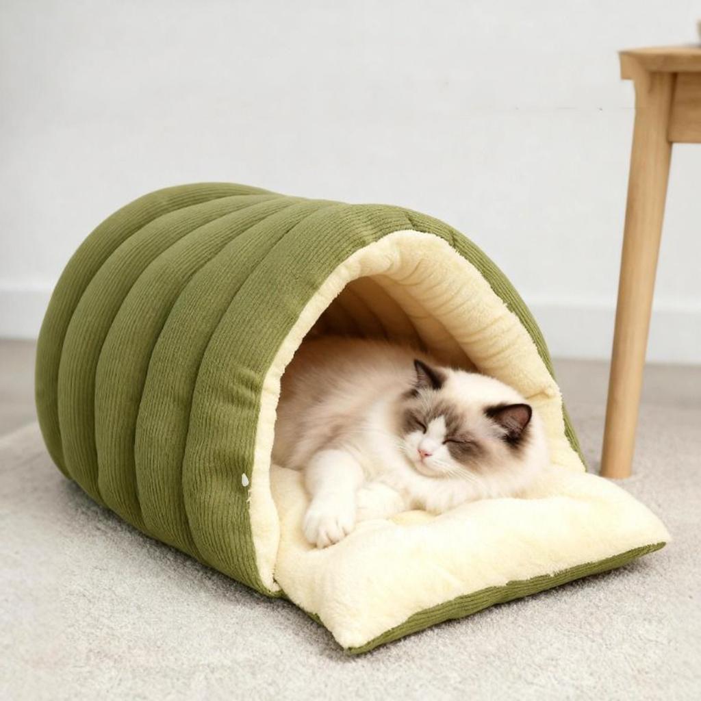 Warm Enclosed Cat Bed Removable Calming Pet Nest Cave Foldable Corduroy Fluffy Sleeping Bed for Indoor Cats & Small Dogs