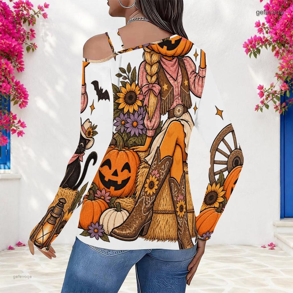 Women Plus Size Asymmetric Cutout Neck Cold Shoulder Long Sleeve Cartoon Panda Halloween Print Top