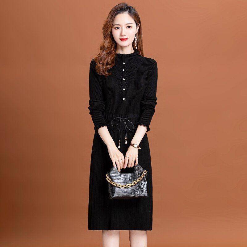 

Осенне-зимний новый шерстяной женский пуловер средней длины с твердой талией высокого качества длиной до колена и круглым вырезом One Size чёрный