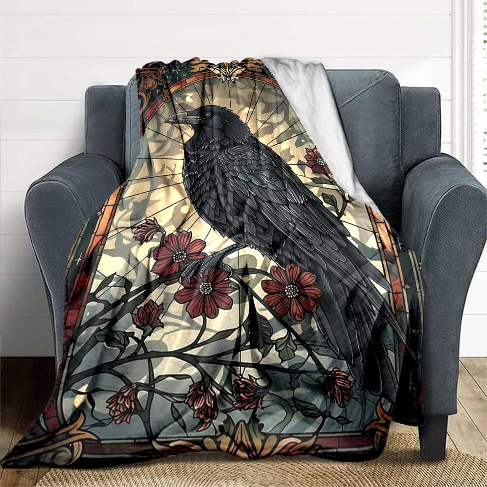 1pc Stained Glass Raven Blanket - Lightweight Flannel Fleece with Digital Printing, Soft Warm for Sofa, Travel, Camping, Office yy251018314