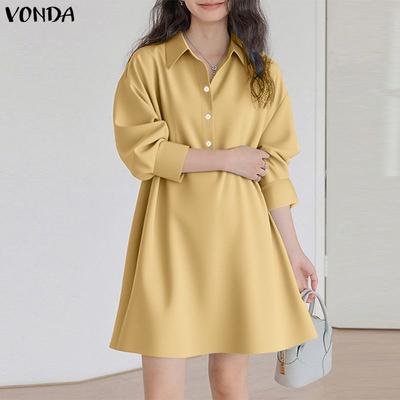 Women Lapel Neck Long Sleeve Button Down Casual Tunic Mini Dress