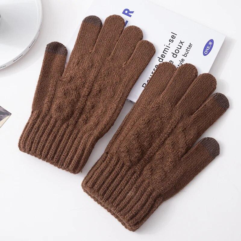 Зимние мужские вязаные перчатки с сенсорным экраном, утолщенные теплые простые мужские уличные велосипедные морозостойкие перчатки One Size коричневый