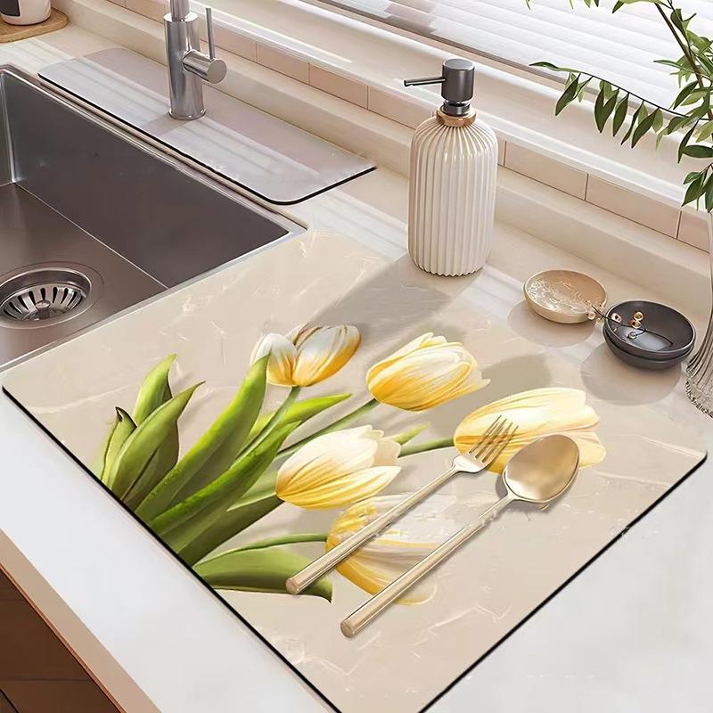 Natural Diatomite Dish Drying Mat with Fast Absorption, Heat Resistant & Non-Slip Pad for Sink Countertop - 30x40cm To 50x80cm Floral Design