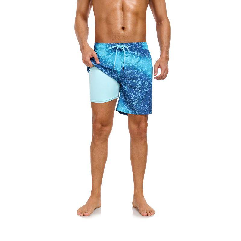Men's Double-Layer Printed Beach Shorts Drawstring Swim Trunks
