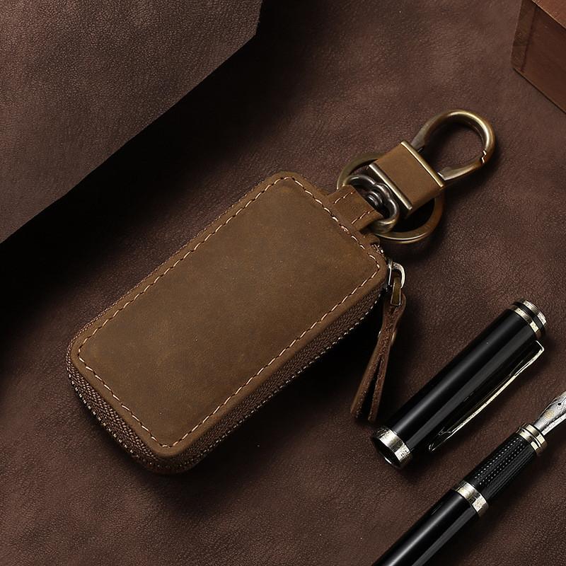 Leather Car Key Case With Foldable Design And Vintage Style For Men And Women