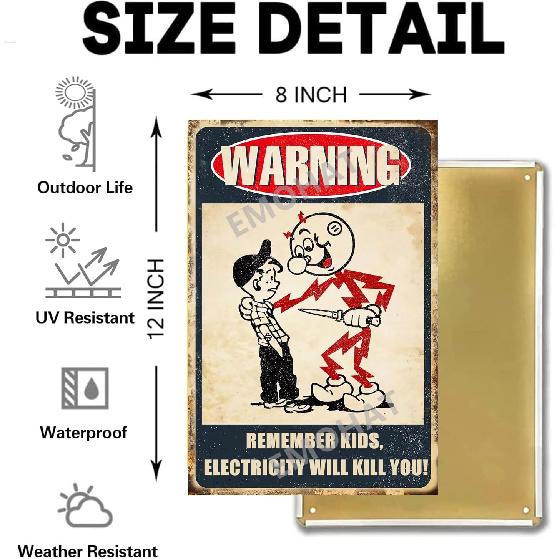 EMOHAT Warning Sign Remember Kids Electricity Will Kill You Metal Tin Sign Vintage Retro Caution Safety Wall Decor Poster Plaques For Room Home