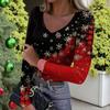 Women's Winter Slim-Fit Base Layer T-Shirt Fashionable Christmas Print V-Neck Pullover Long-Sleeved Top