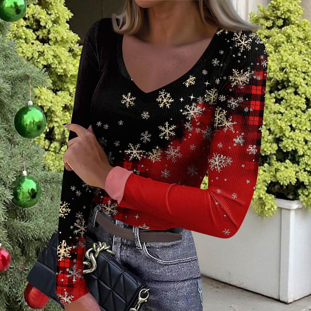 Women's Winter Slim-Fit Base Layer T-Shirt Fashionable Christmas Print V-Neck Pullover Long-Sleeved Top
