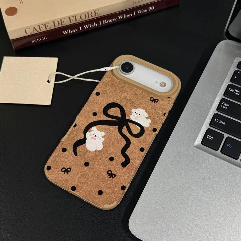 Polka dot bow puppy suitable for Apple 16/17Promax mobile phone case IP15Pro cute flip fur 14 sets