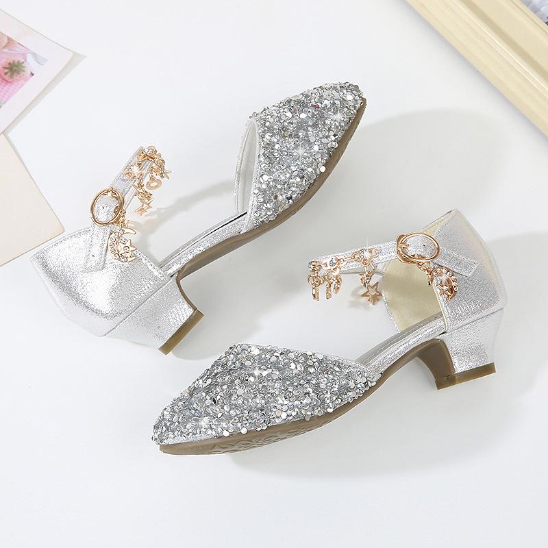 Girls' Crystal Sequin Princess Sandals 2025 - Summer High Heels with Hollow Design