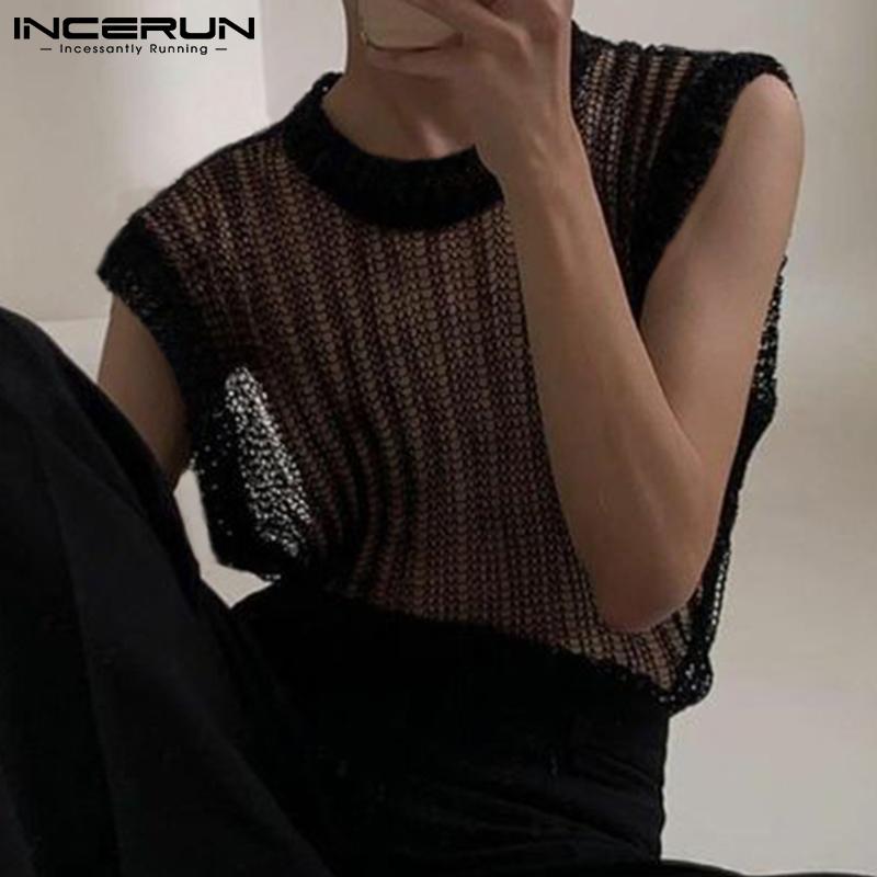 

INCERUN, летняя мужская модная прозрачная ажурная жилетка, ажурная блузка, черные свободные повседневные свободные майки на бретелях, большие размеры