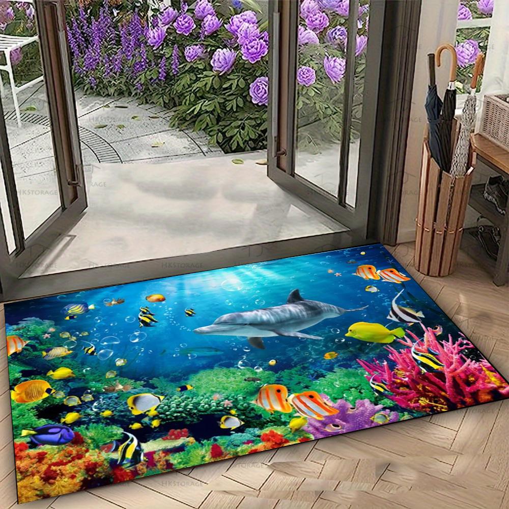 Lively Underwater World Door Mat with Dolphins and Colorful Fish Non-slip Floor Rug for Entrance Home Decorative Mat