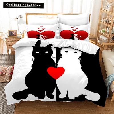 Cuplu Desene Animate Rege Regină Husă Plapumă Set de Lenjerie de Pat cu Temă Ziua Îndrăgostiților Romantic Roșu Inimă de Dragoste 2/3 Bucăți Husă de Plapumă Poliester