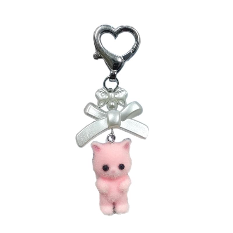 Cute fuzzy kitty cat heart bow keychain Plush Bear kitten doll kawaii bow pearl heart Keyring Backpack Bag Pendant for Women