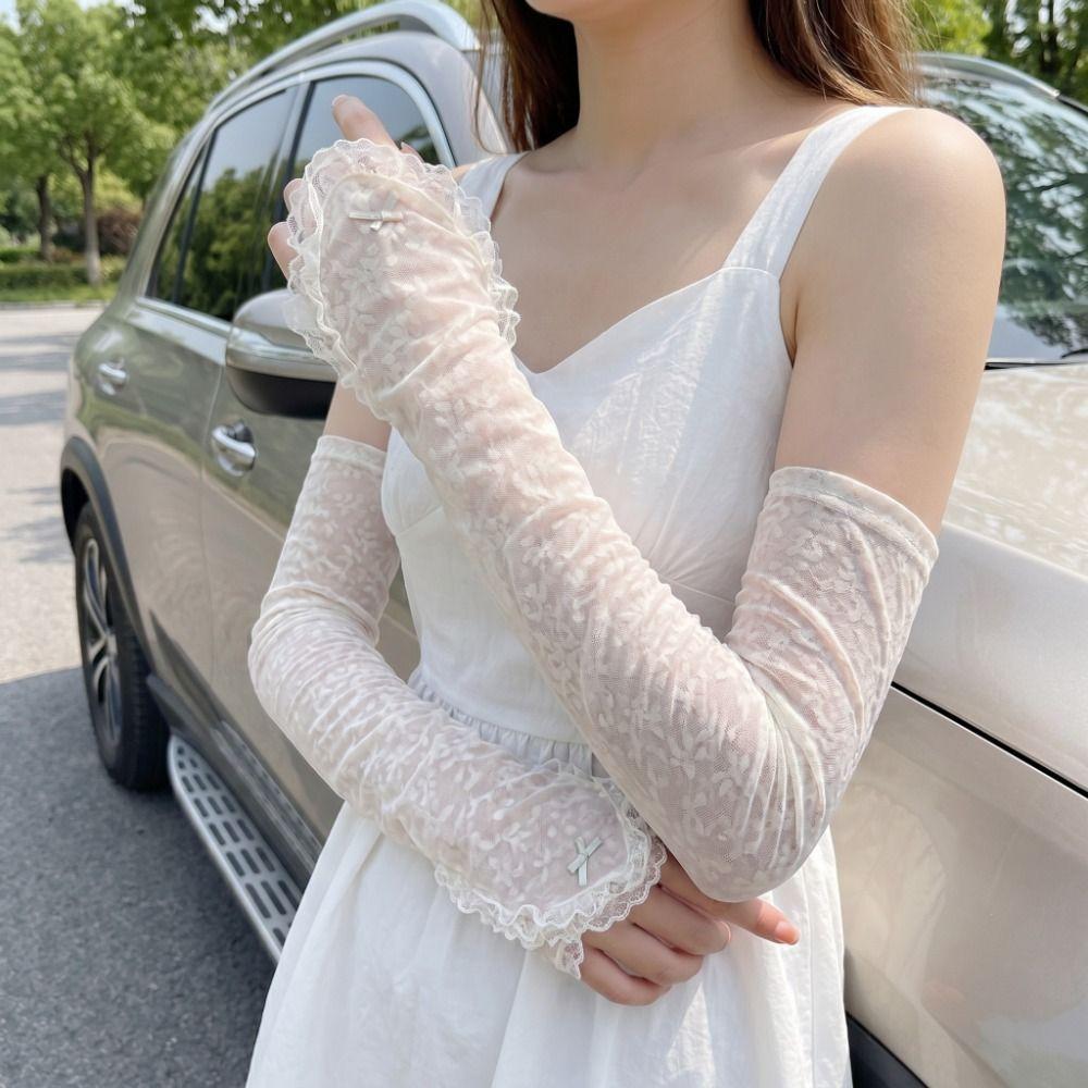 Breathable Sun Protection Sleeves Loose Fit Design Cooling Lace Arm Covers Elastic Trim Comfortable Sunscreen Arm Guards
