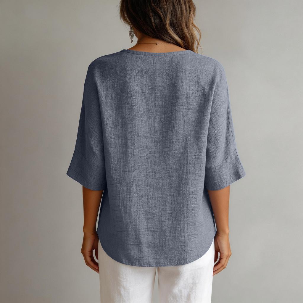 Women V Neck Button Front Loose Fit Casual Blouse Three Quarter Sleeve Lightweight Top for Everyday Wear