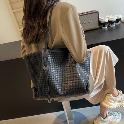 Tote Bag Woven Pattern Trendy Retro Texture Casual Shoulder Bag Simple Versatile Commuter Large Capacity Bag Women