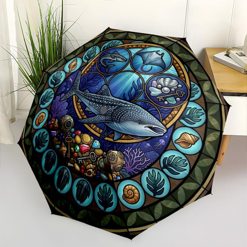 Ocean Life Glass Pattern Umbrella, Portable and Foldable Design, 8 Ribs, a Casual Accessory for Halloween, Christmas, and Birthday Gifts.