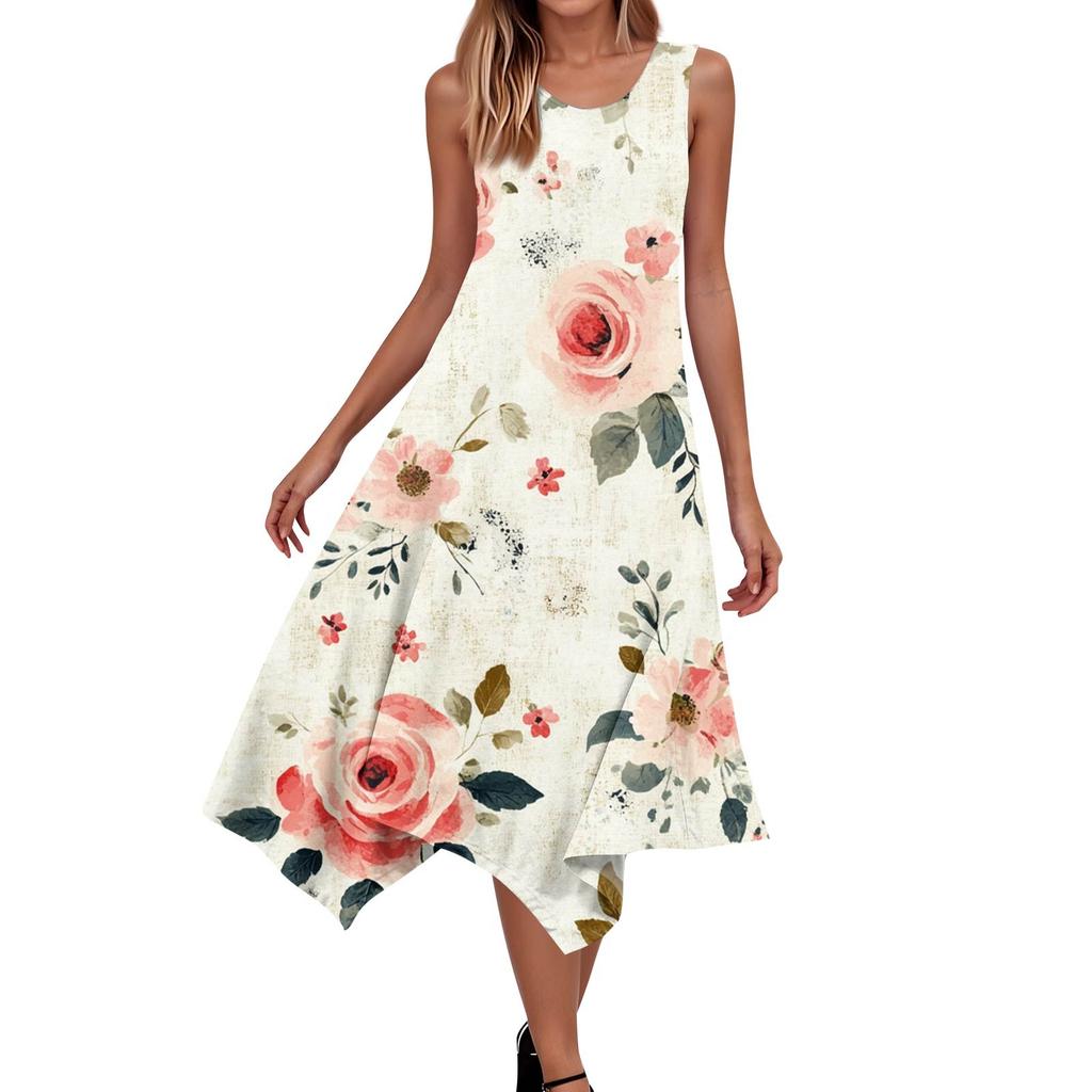 Women's Summer Fashion Round Neck Sleeveless Floral Print Irregular Hem Midi Dresses