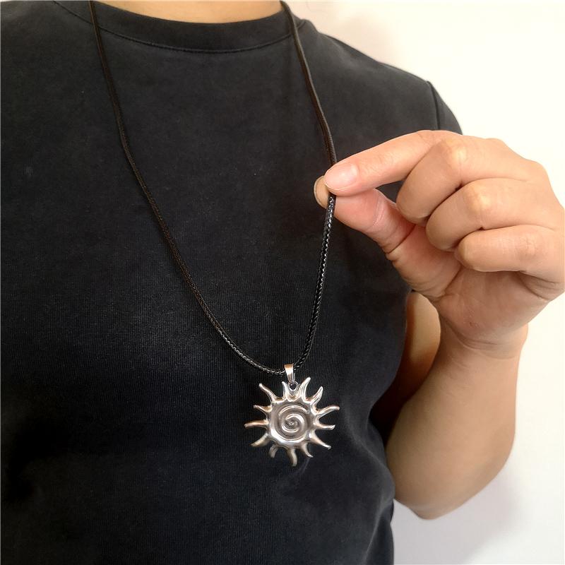 Punk Gothic Stainless Steel Metal Vortex Sun Pendant Thick Long Leather Rope Necklace For Men Women Grunge Accessories
