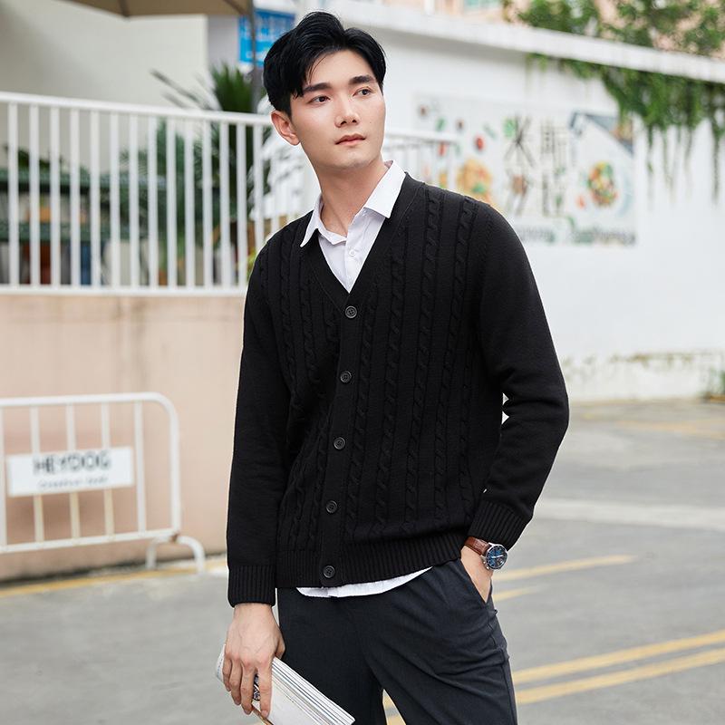 2025 New Autumn/Winter Men's Pure Cotton Cable Knit Cardigan: Youthful, Casual, V-Neck Sweater Coat, Thickened for Warmth.