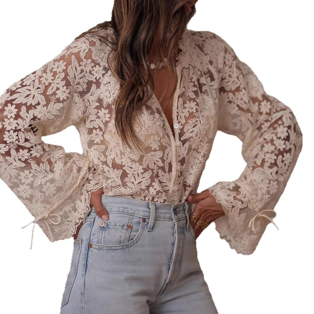 Summer Lace Shirt For Women With Long Sleeves And Round Neck In Pure Color For Street Style Fashion
