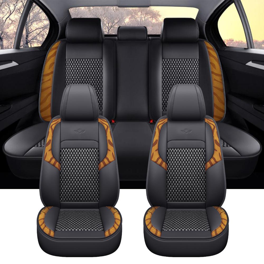 

5-местные чехлы на сиденья из высококачественной ПУ кожи + ледяного шелка, удобные, дышащие, износостойкие, совместимые с подушками безопасности черный коричневый