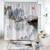 Landscape Ink Bamboo Painting Shower Curtains Chinese Style Bathroom Accessories Partition Waterproof Bath Curtains Rugs,Mat Set