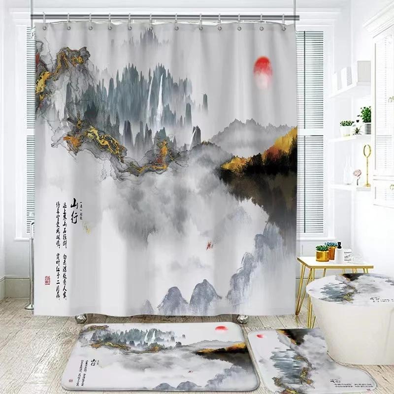 Landscape Ink Bamboo Painting Shower Curtains Chinese Style Bathroom Accessories Partition Waterproof Bath Curtains Rugs,Mat Set