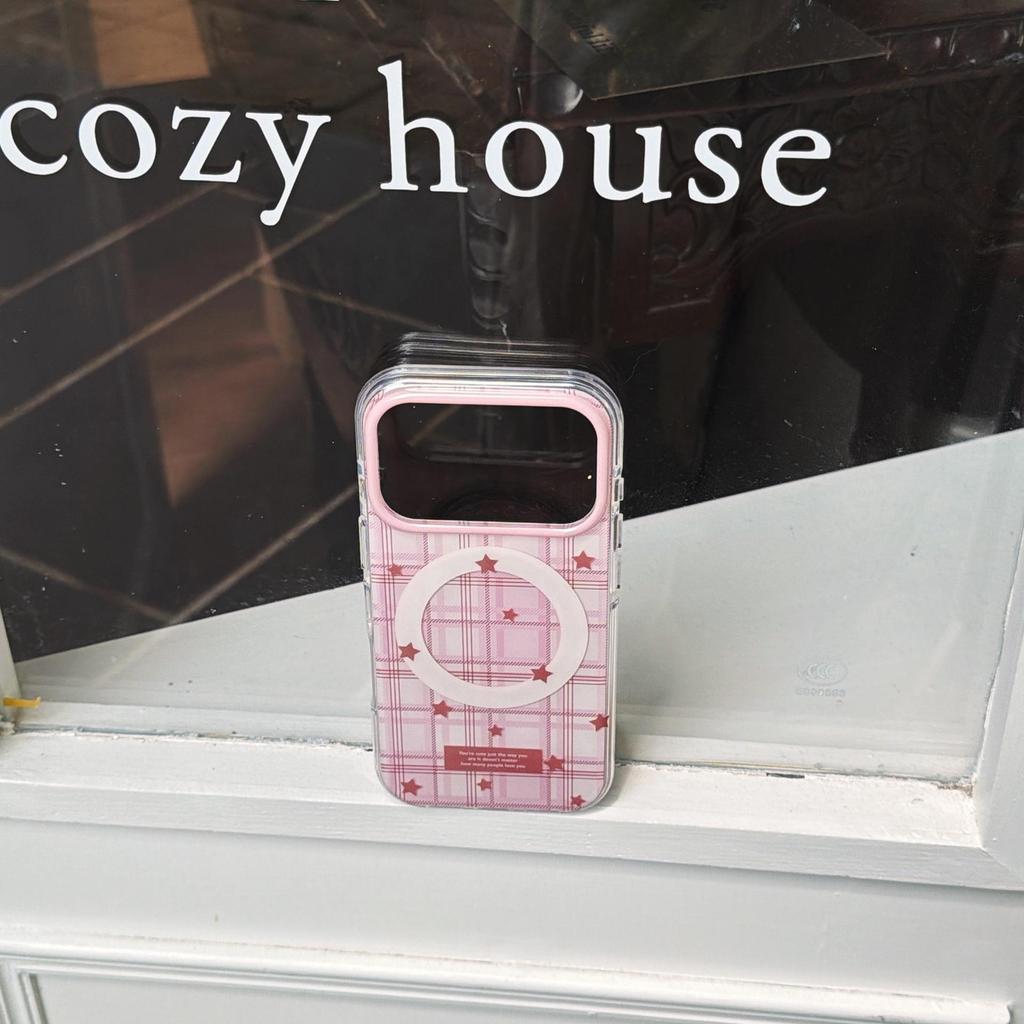 Korean-Style Pink Plaid Star Phone Case for iPhone 16/15/14/17 Pro Max 