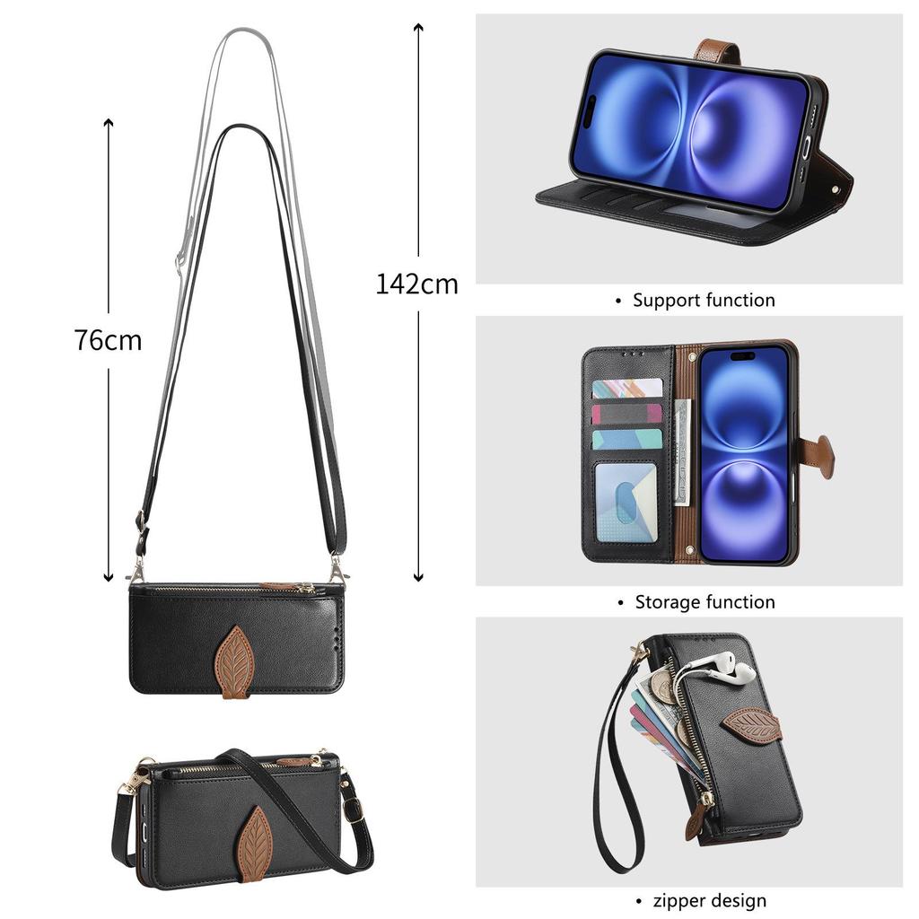 iPhone 17 Leaf Leather Flip Case with Crossbody Strap