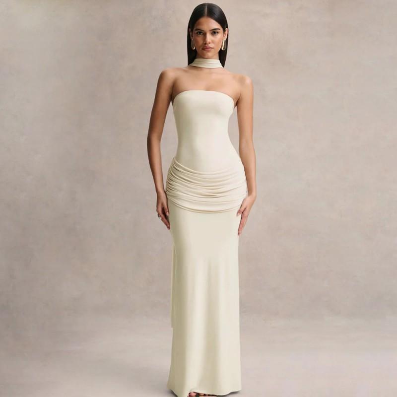 2026 Womens Elegant Solid Color Halter Neck Pleated Bodycon Dress Party Date Wear