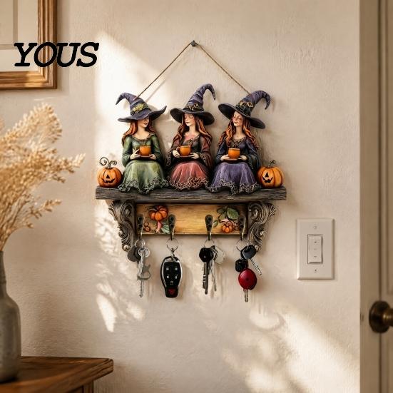 Dunkle Ästhetik Wandkunst Halloween Eingangsbereich Schlüsselhalter mit 4 Haken, Hängendes Holzschild, Montage Partyzubehör-Regal für Schlüssel Taschen Und Leinen,
